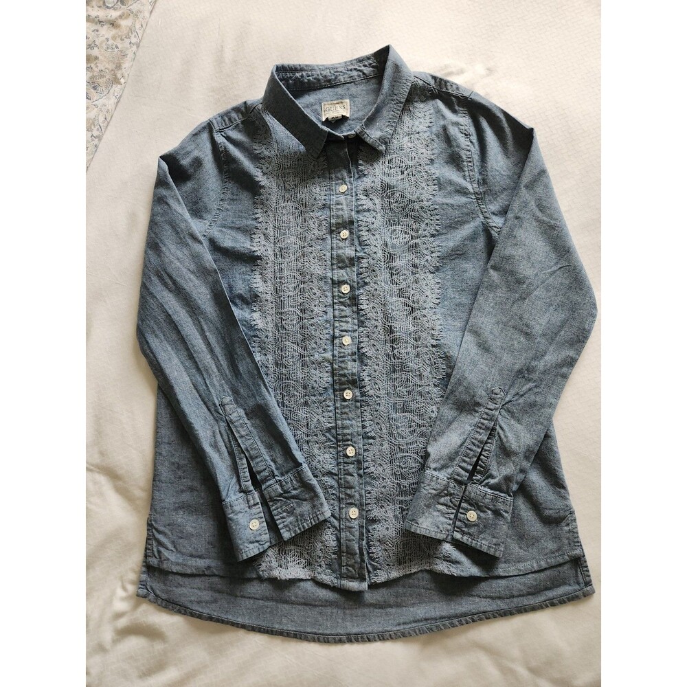 GUESS Womens Medium Blue Chambray Cotton Linen Lace Panel Button Down Shirt M